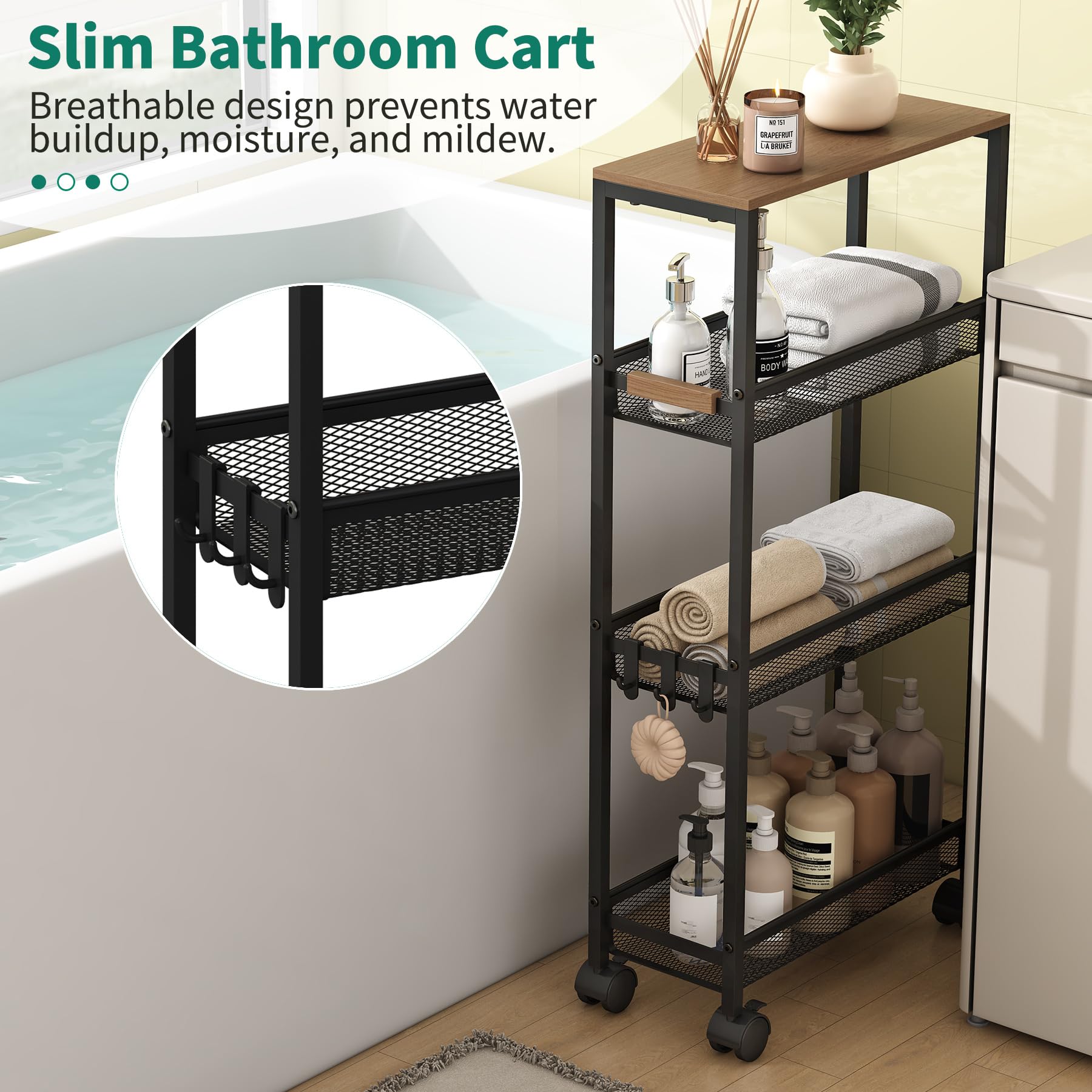 Utility Slim Storage Cart, 4 Tier Rolling Cart with Wheels,  Laundry Shelves for Room Organization