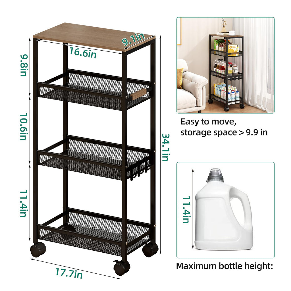 Utility Slim Storage Cart, 4 Tier Rolling Cart with Wheels,  Laundry Shelves for Room Organization
