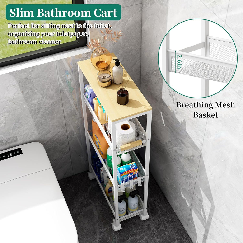 Utility Slim Storage Cart, 4 Tier Rolling Cart with Wheels,  Laundry Shelves for Room Organization