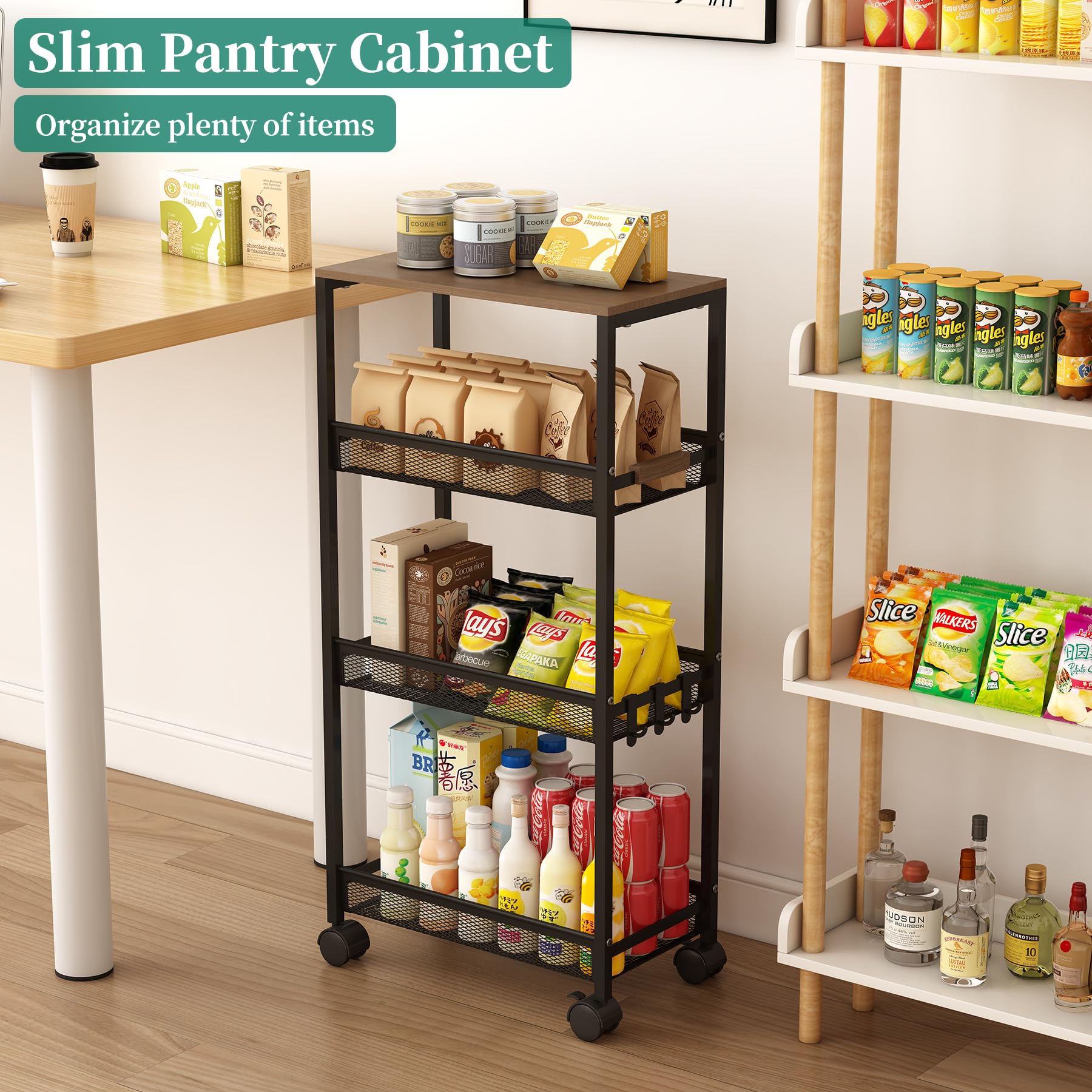 Utility Slim Storage Cart, 4 Tier Rolling Cart with Wheels,  Laundry Shelves for Room Organization