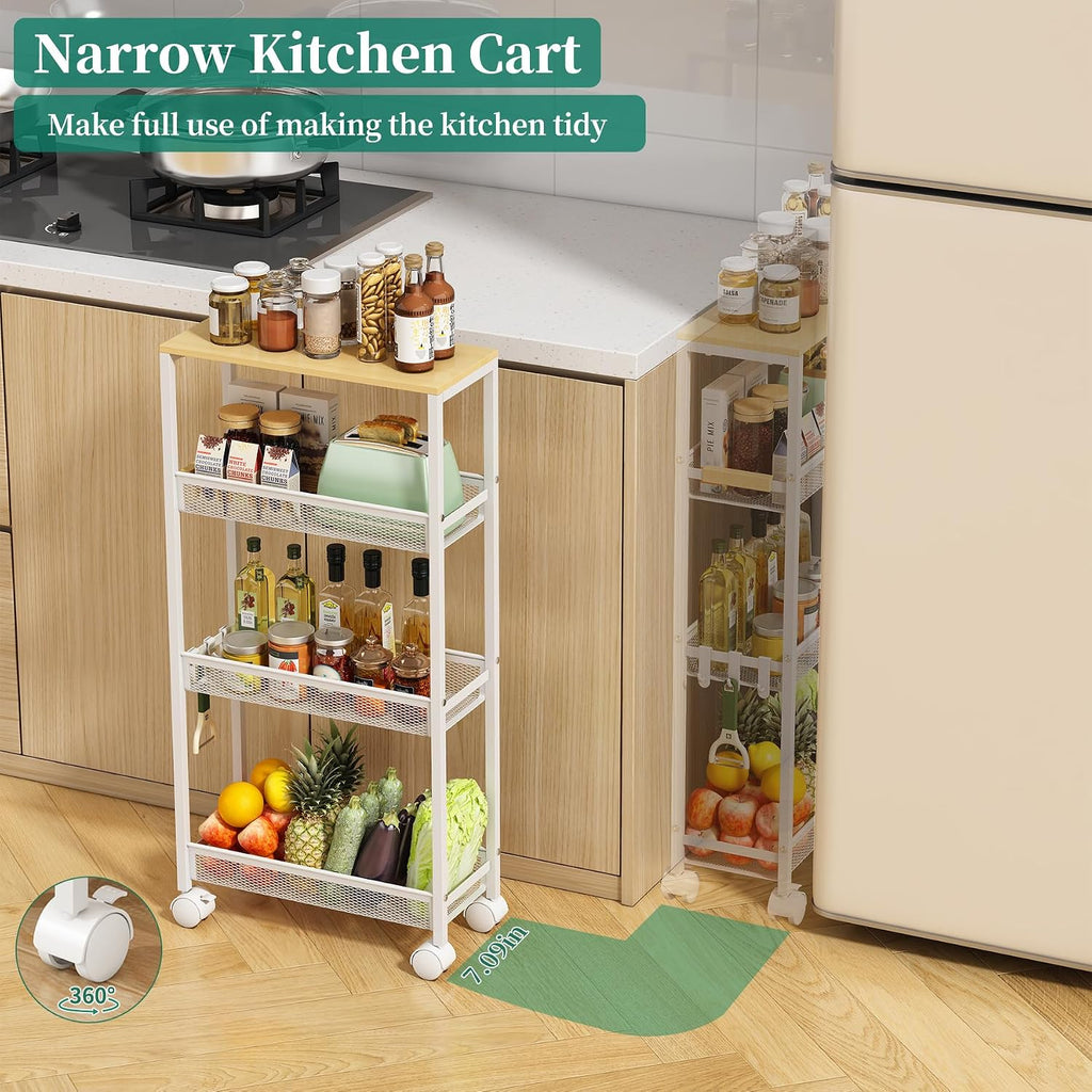Utility Slim Storage Cart, 4 Tier Rolling Cart with Wheels,  Laundry Shelves for Room Organization