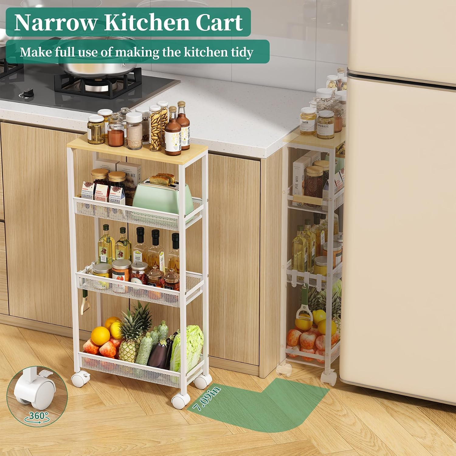 Utility Slim Storage Cart, 4 Tier Rolling Cart with Wheels,  Laundry Shelves for Room Organization
