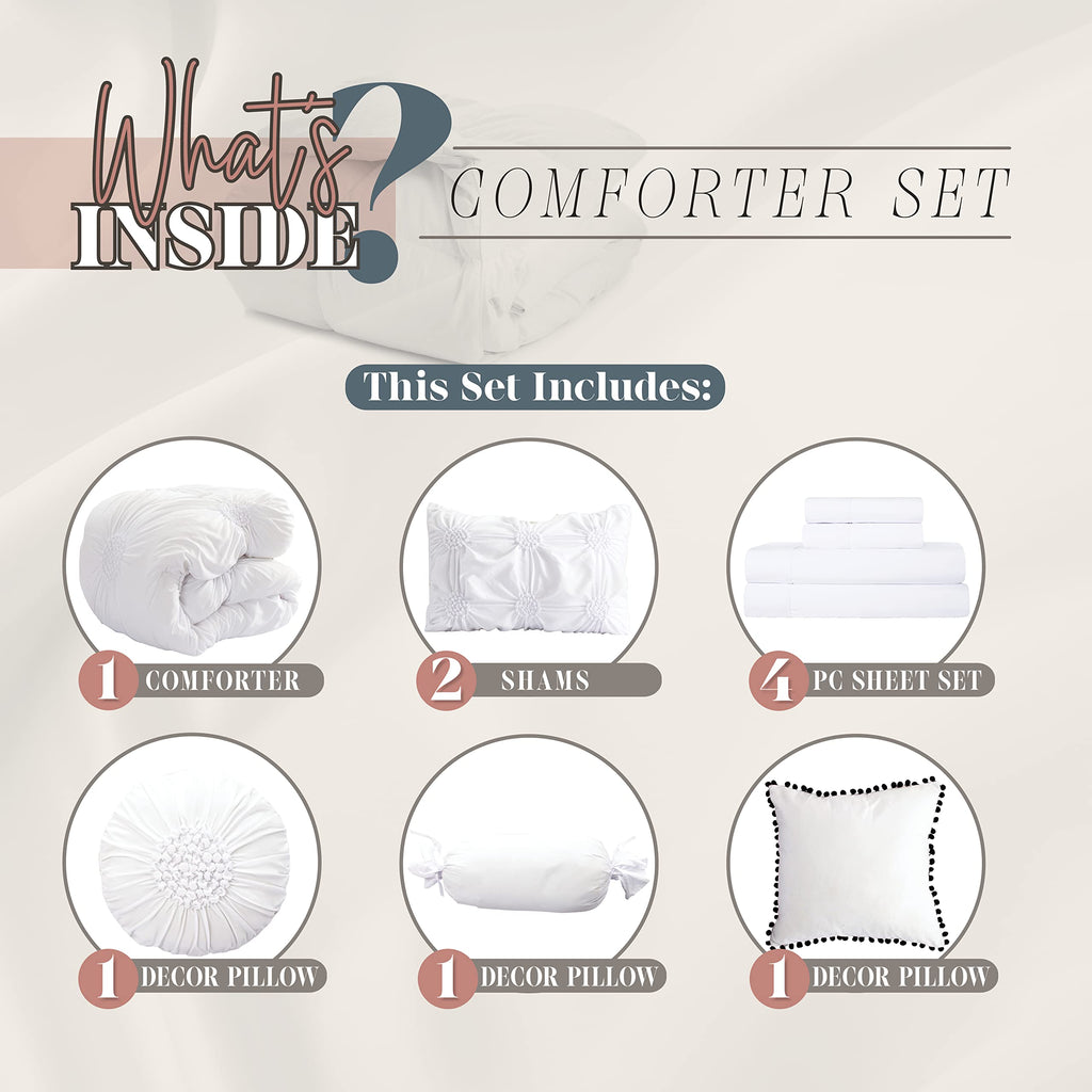 Elegant Comfort Ultra Soft 10-Piece Sunflower Bed-in-a-Bag, Comforter Set Featuring Decorative Pillows and Fitted Sheet with Storage Pockets, Sunflower Comforter, King, Gardenia White